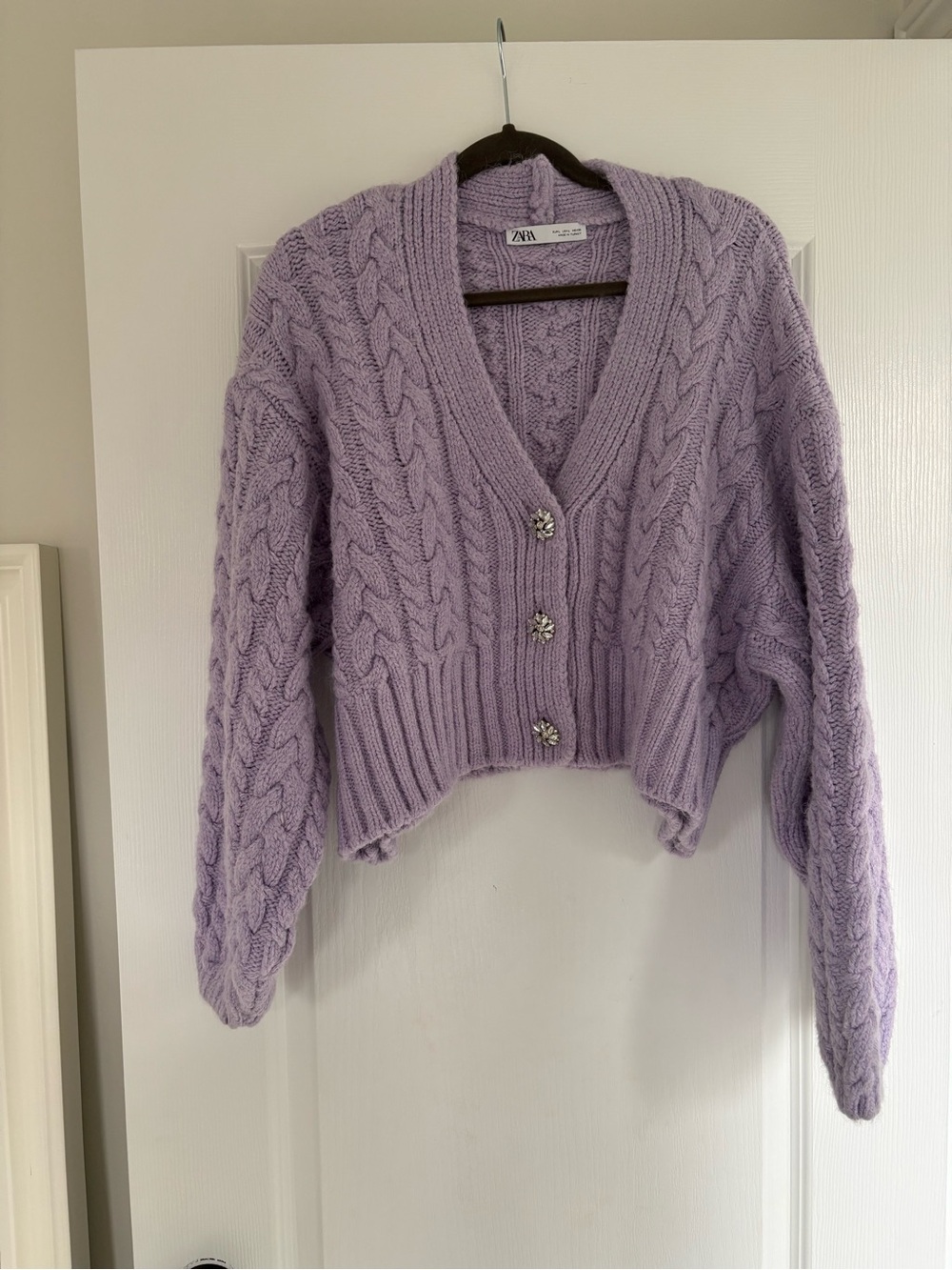 ZARA Lilac Cable-Knit Cropped Cardigan with Decorative Buttons